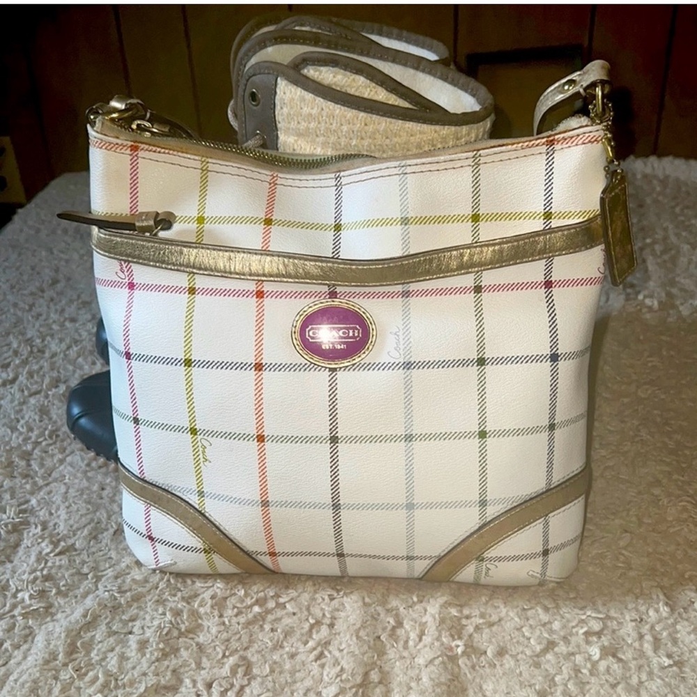 Coach White Plaid Crossbody Bag with Gold Trim